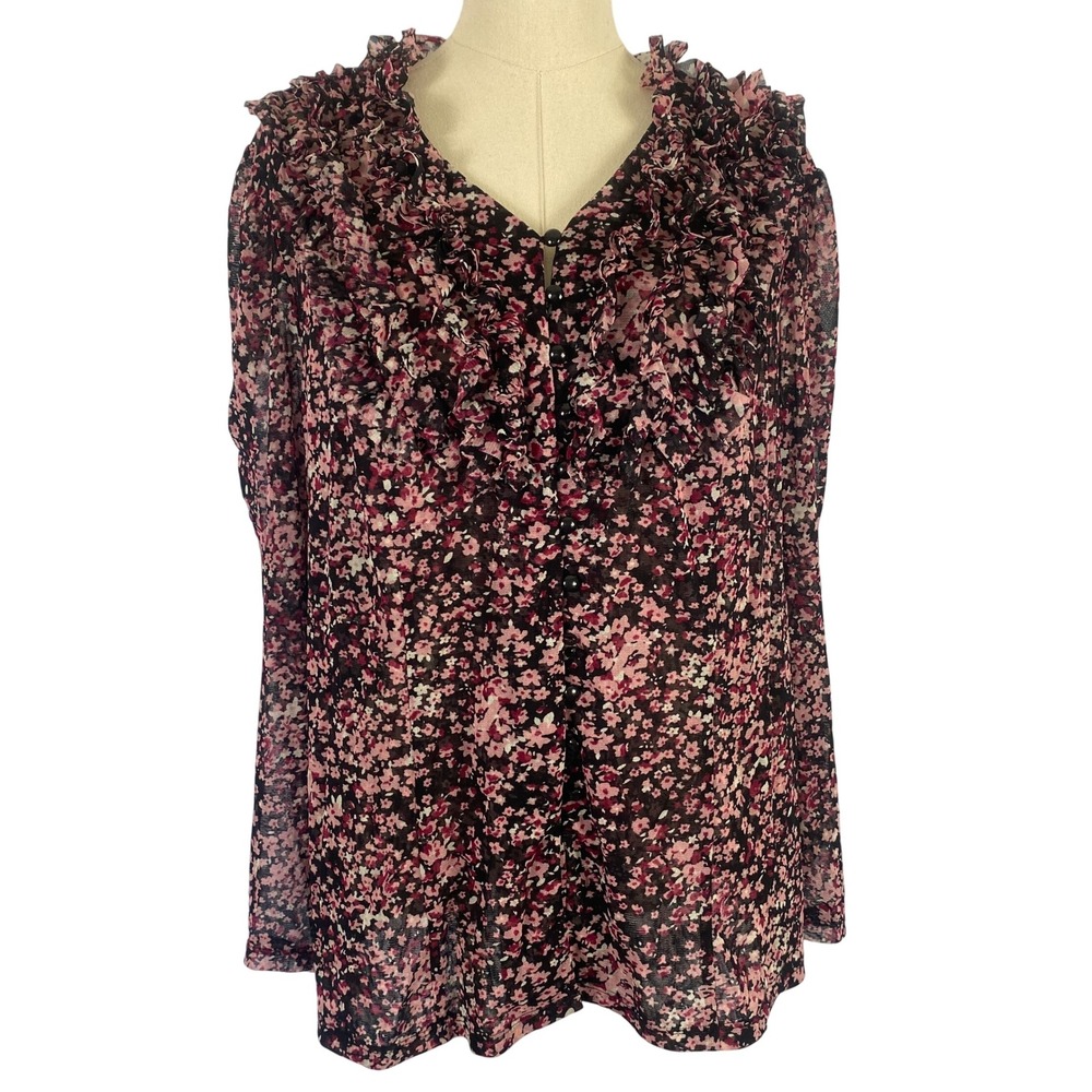 ⭐ 3/$15 1X Black Purple Micro Ditsy Floral Ruffle Button Up Mesh